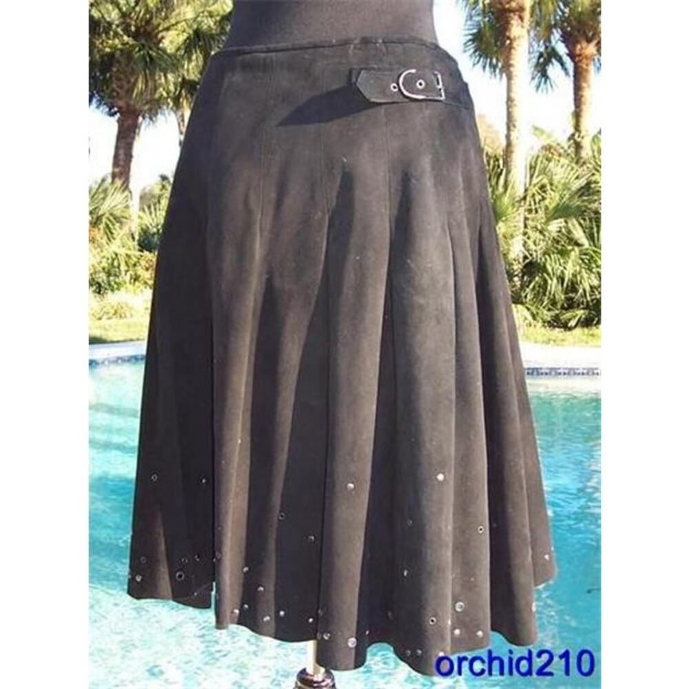Donald Pliner Black Suede Skirt Lined Fit Flare Grommet Self Belt NWT $875 8/10 - Picture 9 of 10